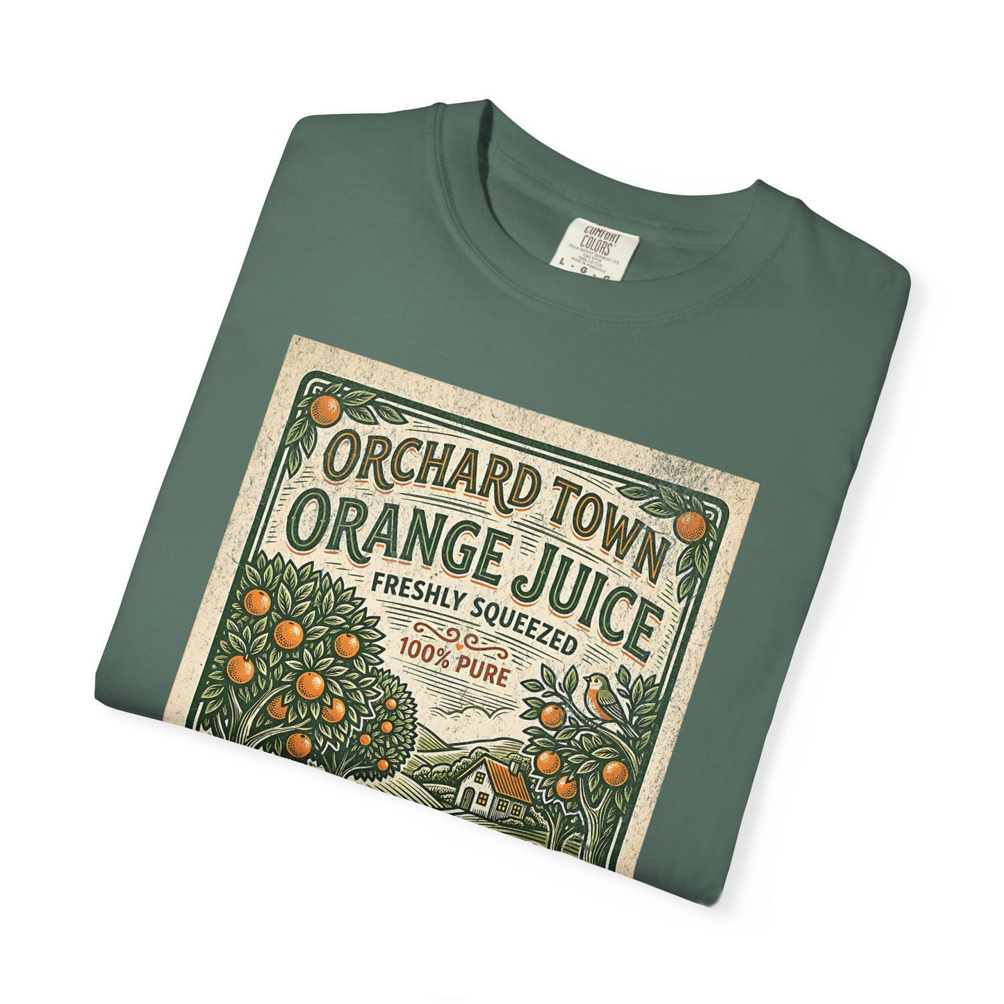 Orchard Town Orange Juice T-Shirt - Vintage Linocut Graphic Tee