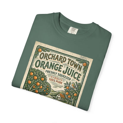 Orchard Town Orange Juice T-Shirt - Vintage Linocut Graphic Tee