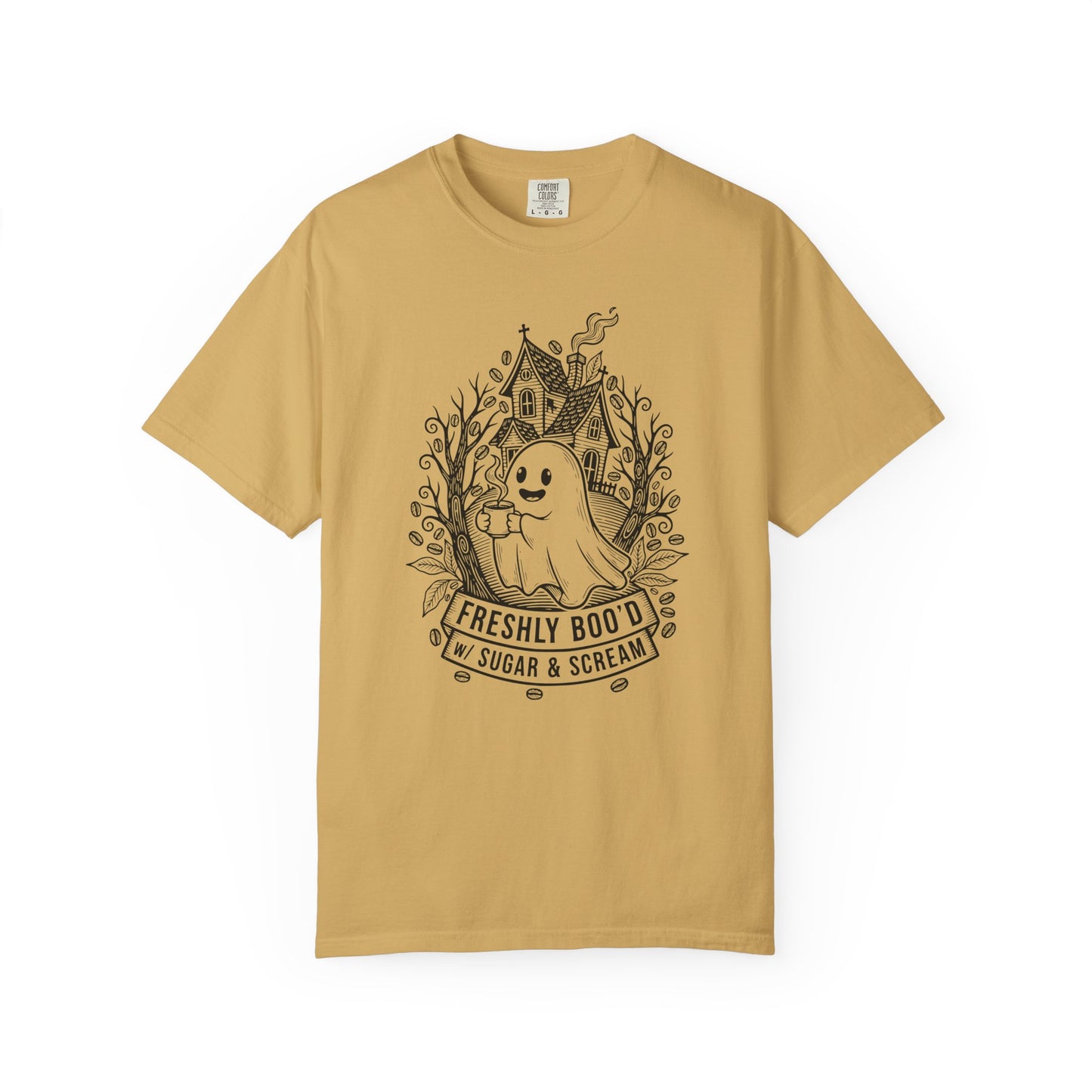 "Freshly Boo'd w/ Sugar & Scream" Cute Coffee Ghost Haunted House T-Shirt