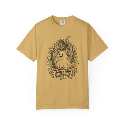 "Freshly Boo'd w/ Sugar & Scream" Cute Coffee Ghost Haunted House T-Shirt