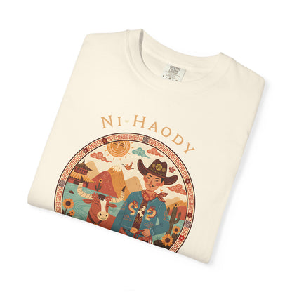 "Ni-Haody. Easts Meets West" Asian Cowboy Camp Graphic T-Shirt — Western Illustration Tee