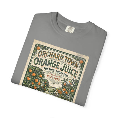 Orchard Town Orange Juice T-Shirt - Vintage Linocut Graphic Tee