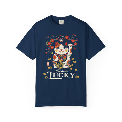 "Feline Lucky" T-Shirt — Lucky Maneki Neko Cat Graphic Tee