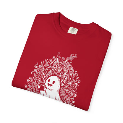 "Freshly Boo'd w/ Sugar & Scream" Cute Coffee Ghost Haunted House T-Shirt