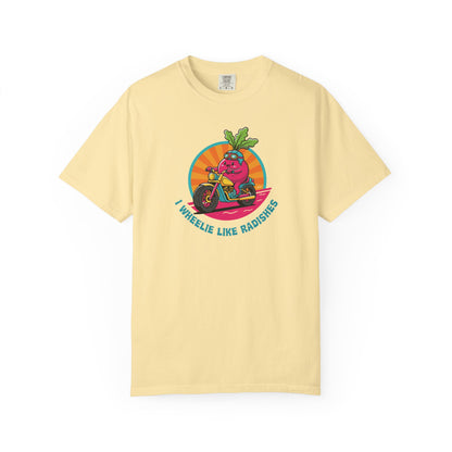 “Wheelie Like Radishes” T-Shirt —  Retro Radish Lover Vegan Cycling Graphic Tee