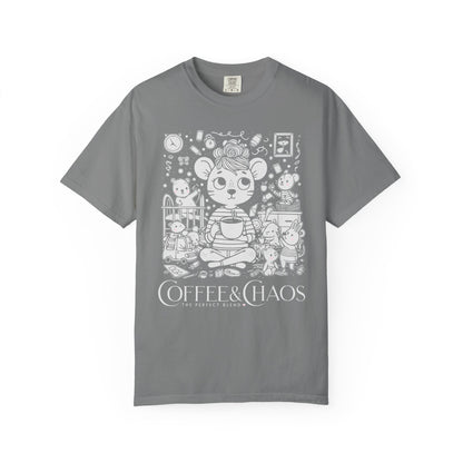 "Coffee & Chaos: The Perfect Blend" T-Shirt — Cute Kawaii Mouse Coffee Lover Tee