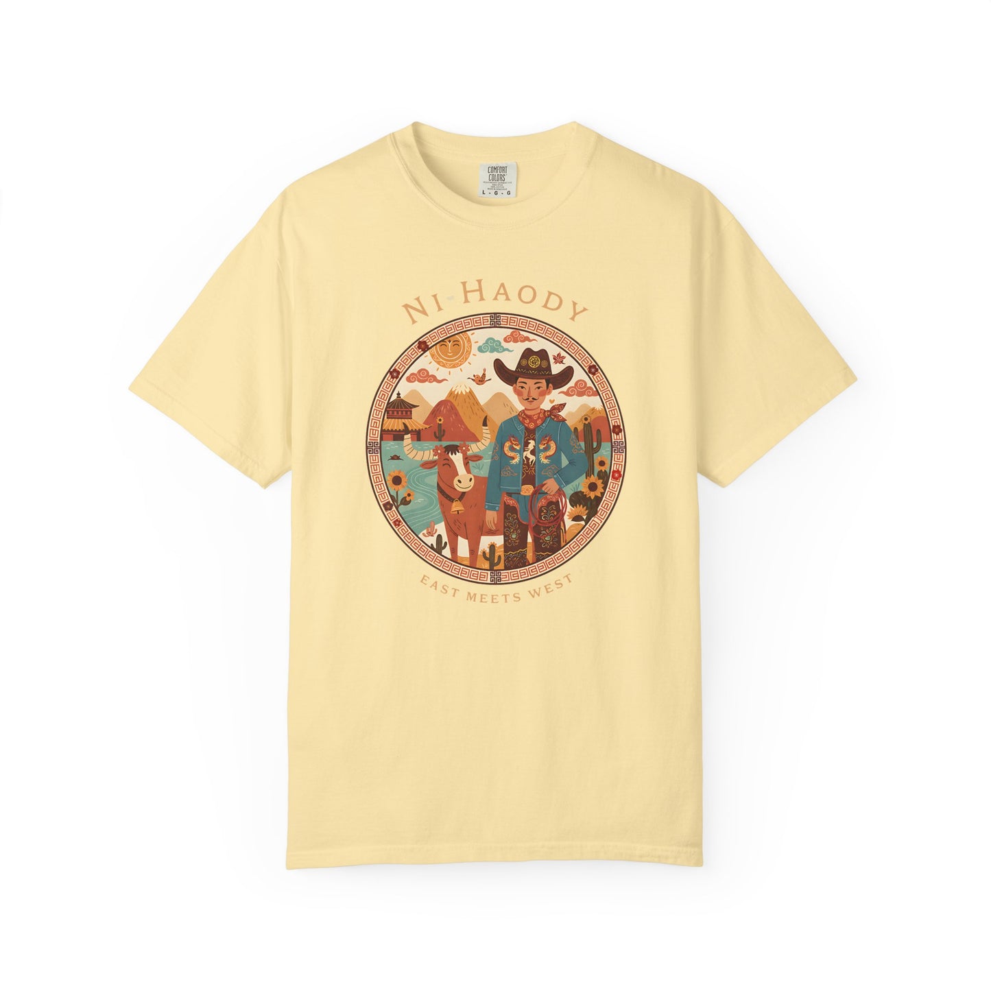 "Ni-Haody. Easts Meets West" Asian Cowboy Camp Graphic T-Shirt — Western Illustration Tee