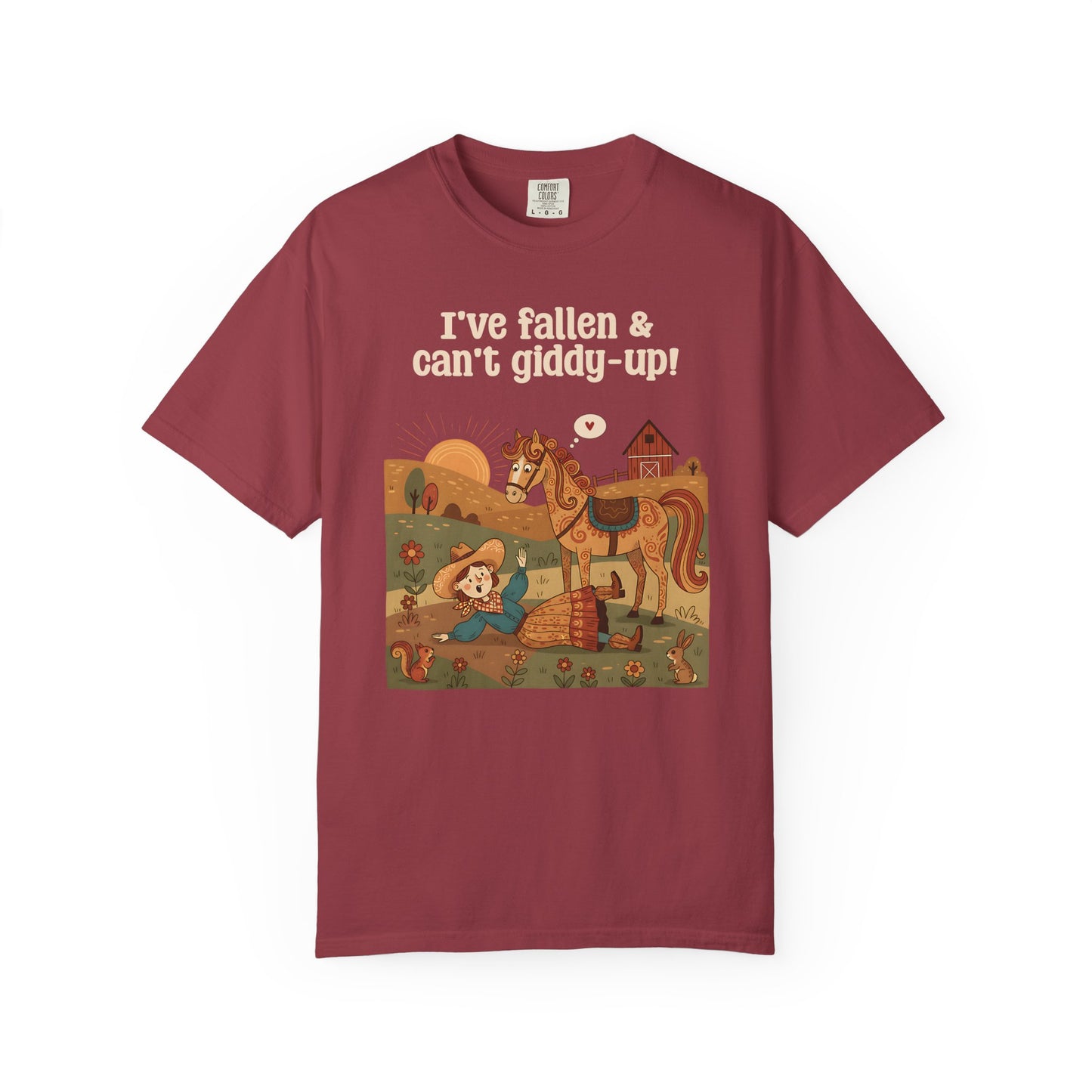 "I've Fallen & Can't Giddy-Up!" T-Shirt — Funny Western Cowgirl Horse Graphic Tee