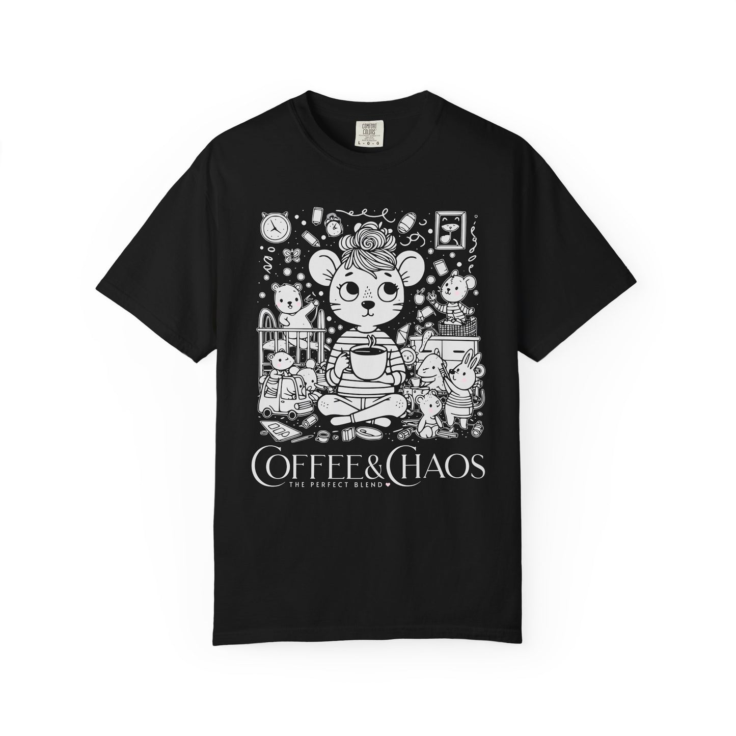 "Coffee & Chaos: The Perfect Blend" T-Shirt — Cute Kawaii Mouse Coffee Lover Tee