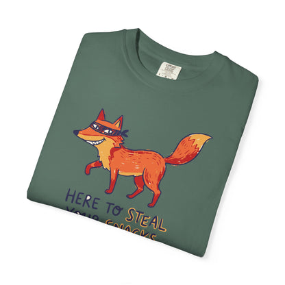 "Here to Steal Your Snacks" Graphic T-Shirt — Cute Snack Thief Fox Tee