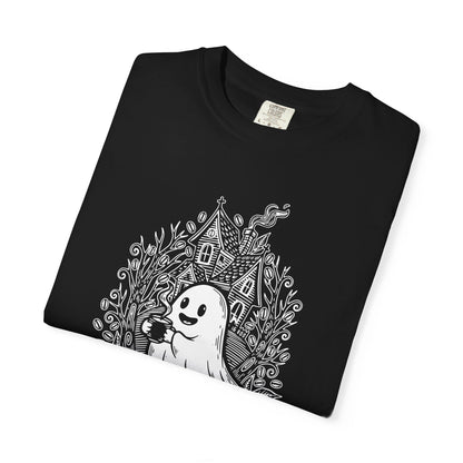 "Freshly Boo'd w/ Sugar & Scream" Cute Coffee Ghost Haunted House T-Shirt