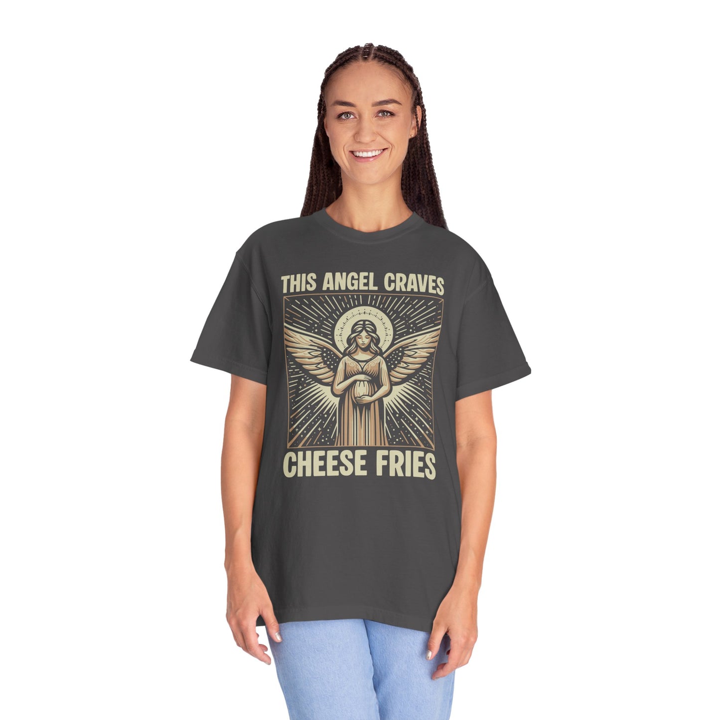 "This Angel Craves Cheese Fries" T-Shirt — Vintage Pregnant Angel Graphic Tee