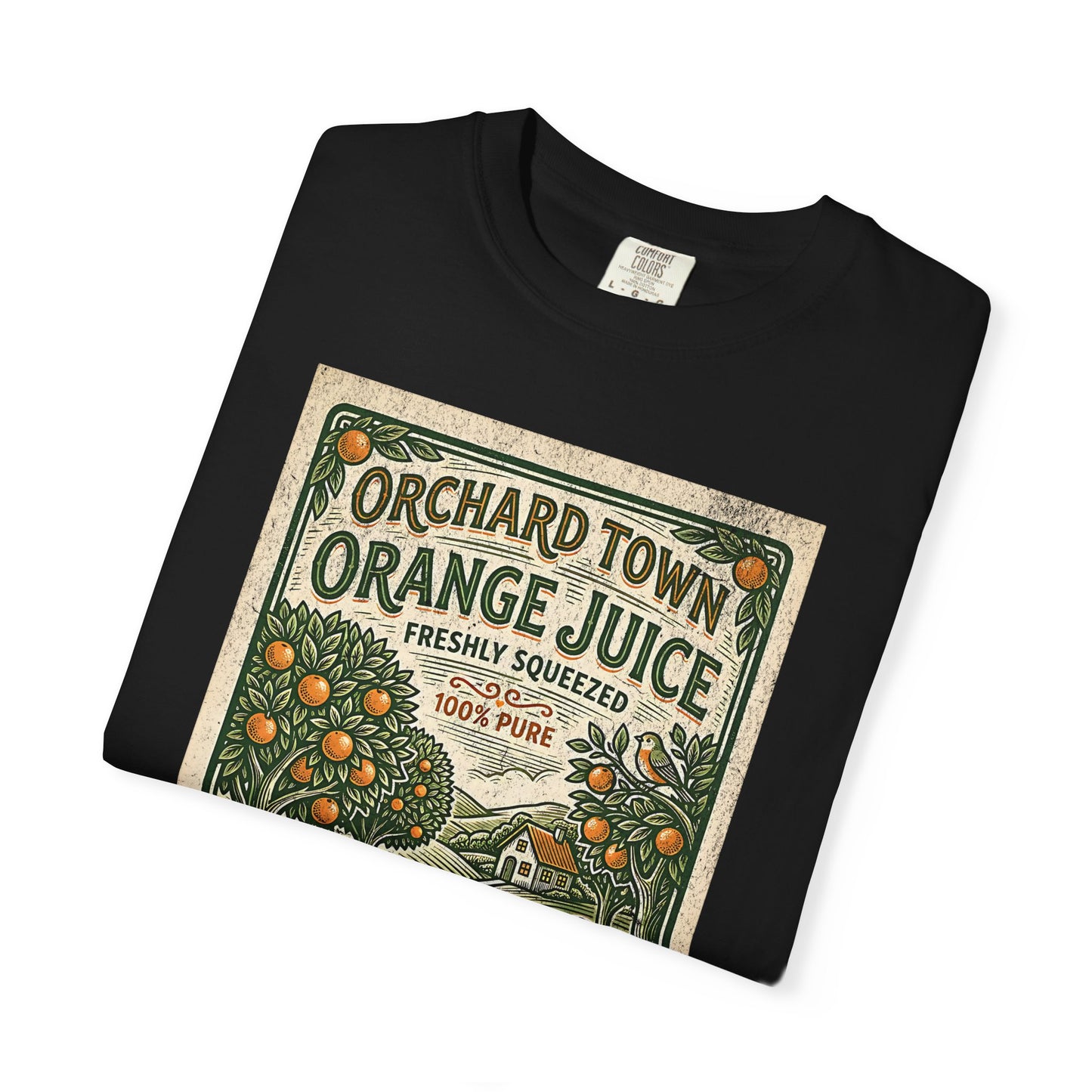 Orchard Town Orange Juice T-Shirt - Vintage Linocut Graphic Tee