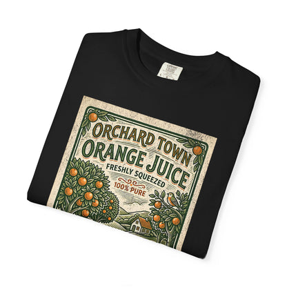 Orchard Town Orange Juice T-Shirt - Vintage Linocut Graphic Tee