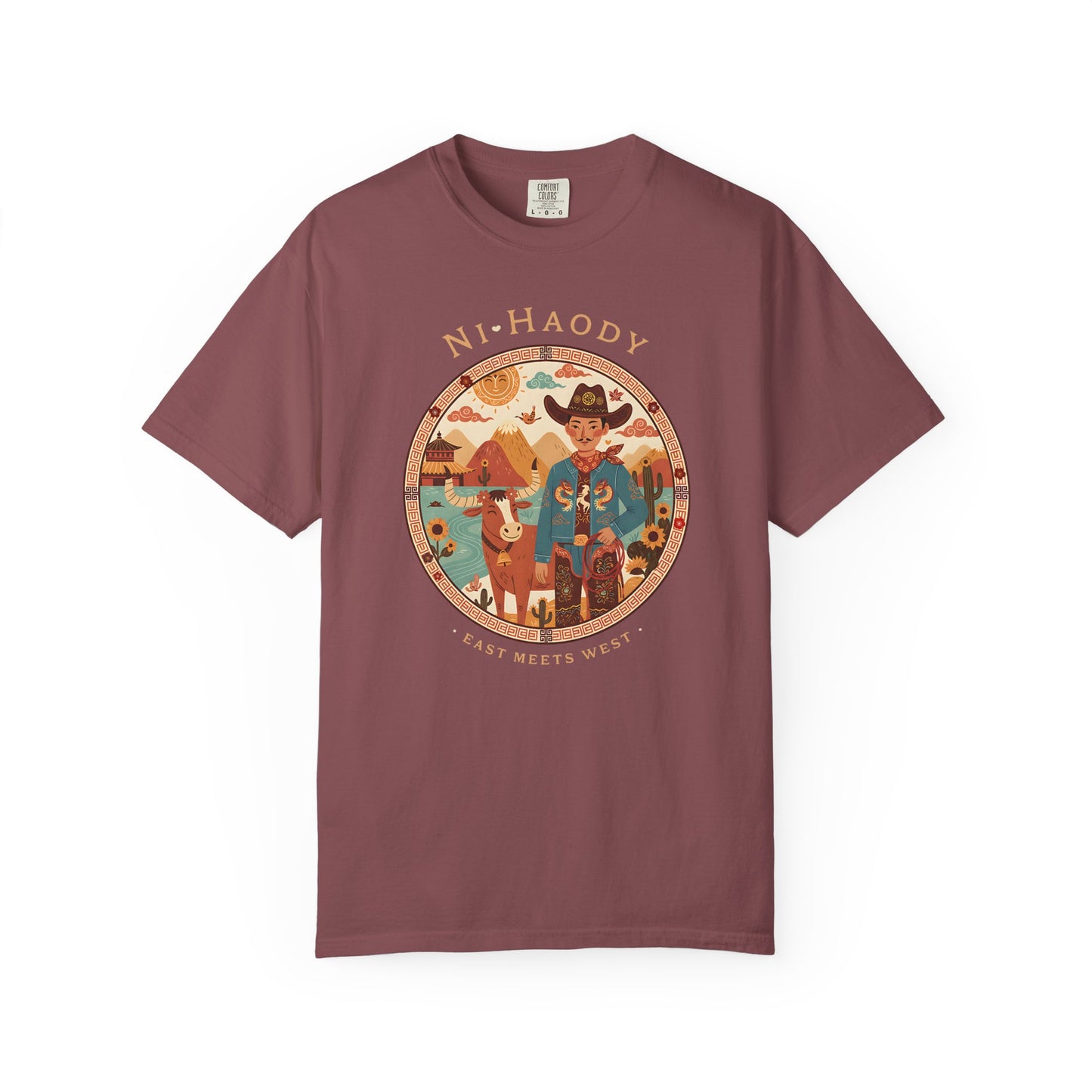 "Ni-Haody. Easts Meets West" Asian Cowboy Camp Graphic T-Shirt — Western Illustration Tee