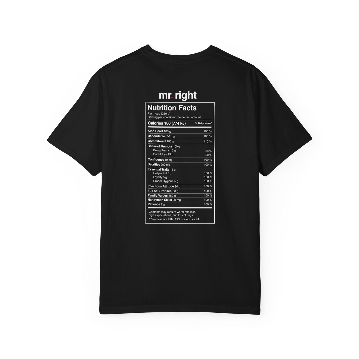 Mr. Right Couples Tee — "mr. right" Front Text with Nutrition Facts Back Graphic T-Shirt