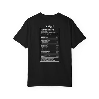 Mr. Right Couples Tee — "mr. right" Front Text with Nutrition Facts Back Graphic T-Shirt