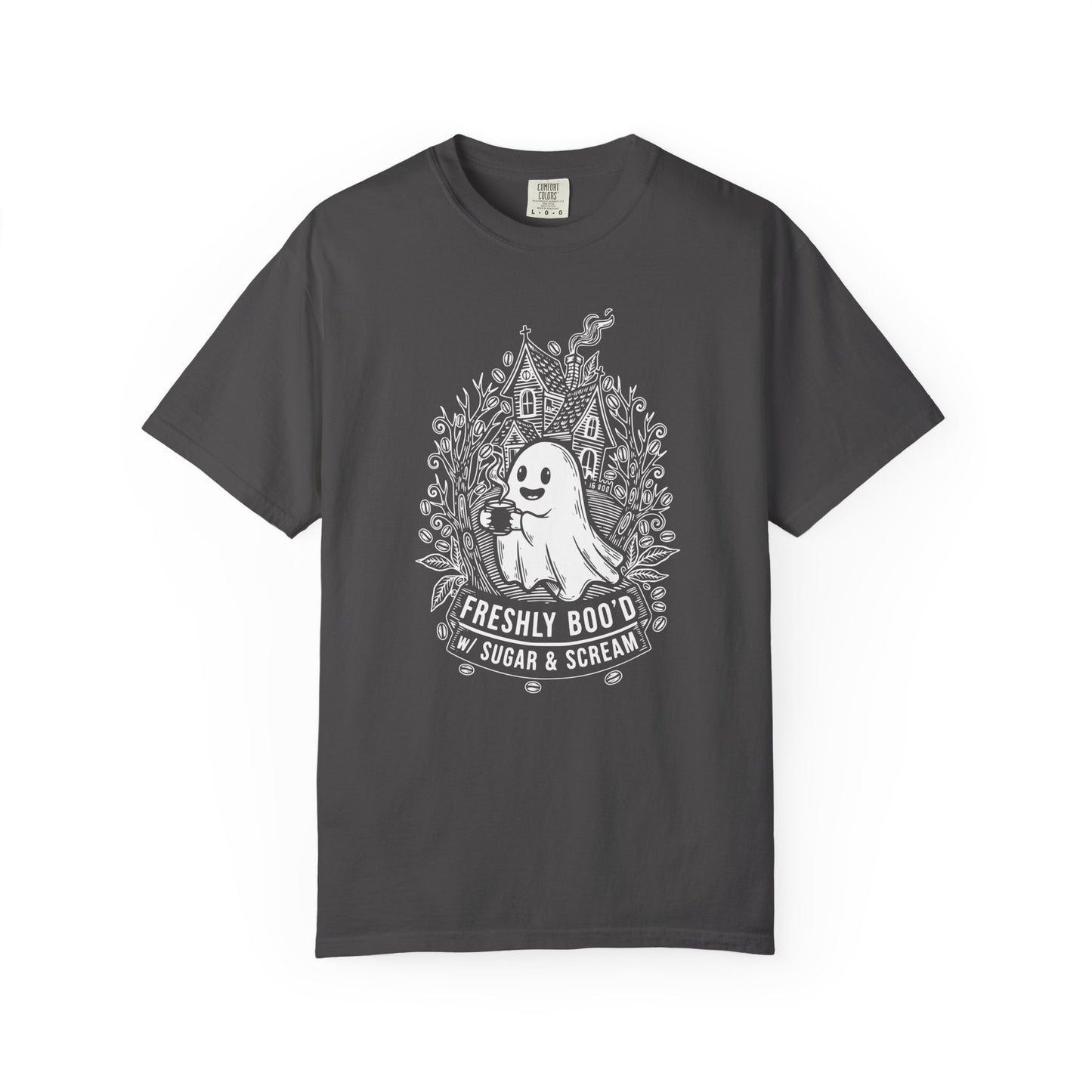"Freshly Boo'd w/ Sugar & Scream" Cute Coffee Ghost Haunted House T-Shirt