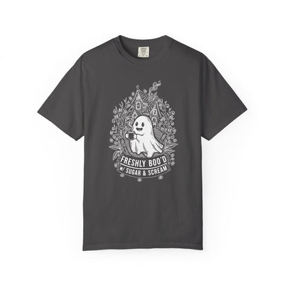 "Freshly Boo'd w/ Sugar & Scream" Cute Coffee Ghost Haunted House T-Shirt
