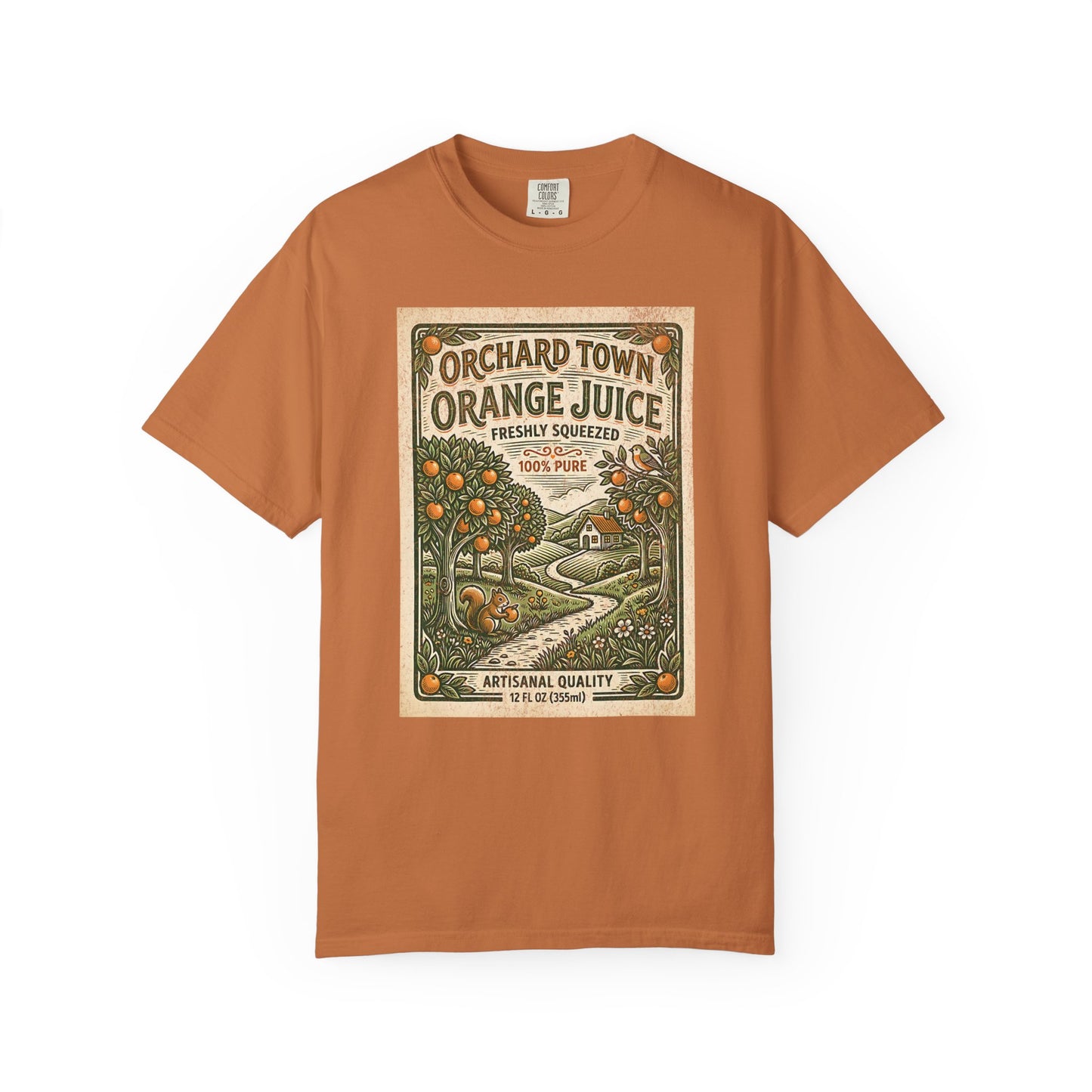 Orchard Town Orange Juice T-Shirt - Vintage Linocut Graphic Tee