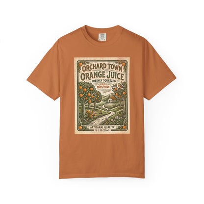 Orchard Town Orange Juice T-Shirt - Vintage Linocut Graphic Tee