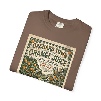 Orchard Town Orange Juice T-Shirt - Vintage Linocut Graphic Tee