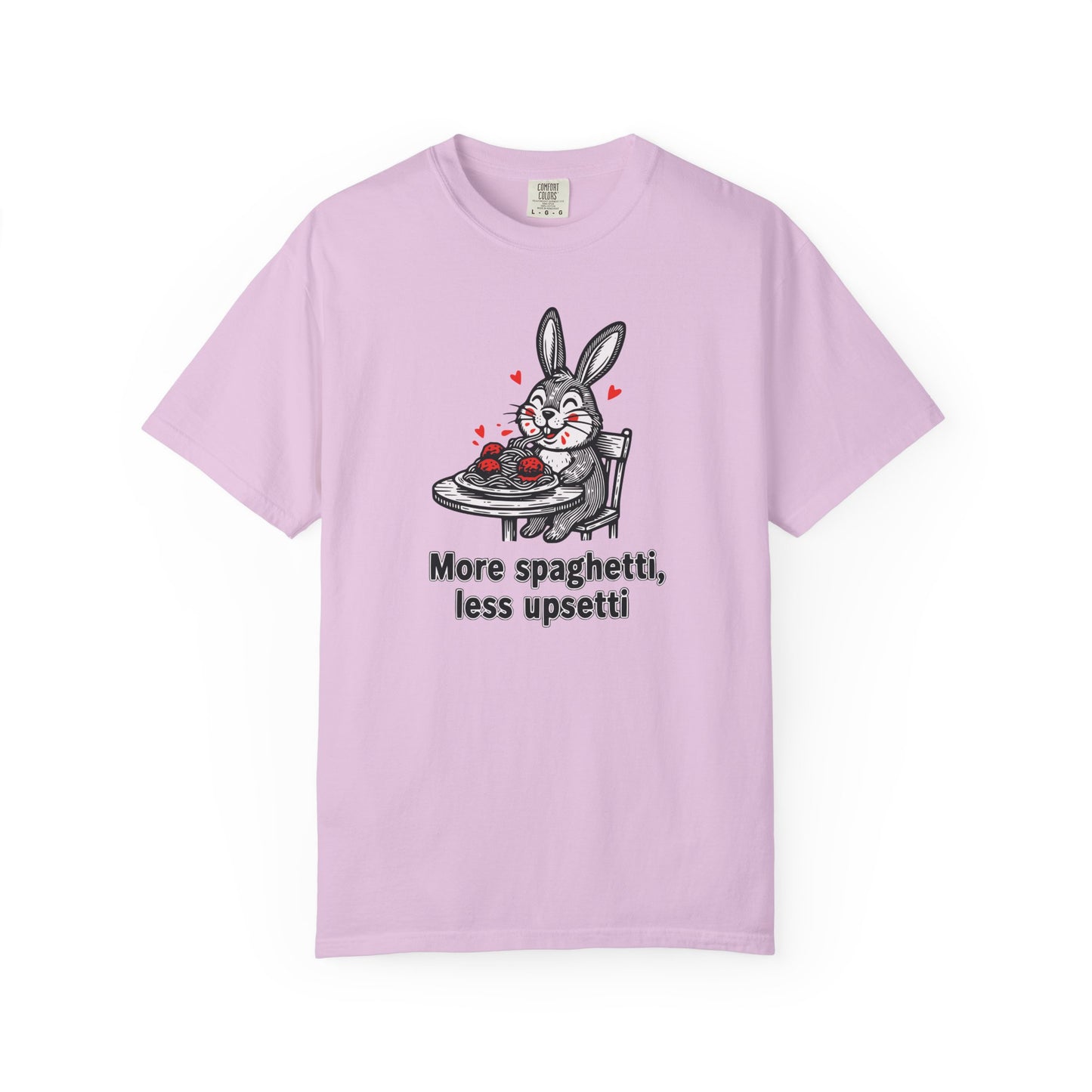 More Spaghetti Less Upsetti T-Shirt — Cute Bunny Pasta Graphic Tee