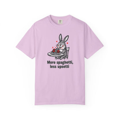 More Spaghetti Less Upsetti T-Shirt — Cute Bunny Pasta Graphic Tee