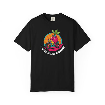 “Wheelie Like Radishes” T-Shirt —  Retro Radish Lover Vegan Cycling Graphic Tee