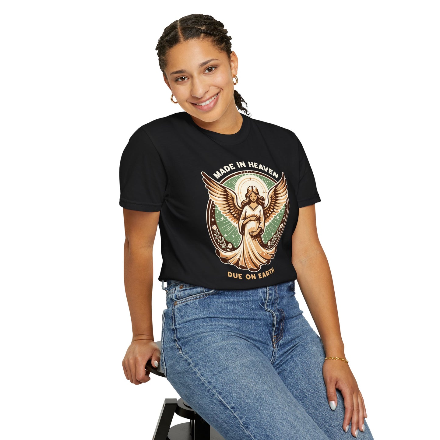 "Made in Heaven, Due on Earth" Angel Graphic T-Shirt — Vintage Expecting Mother Tee