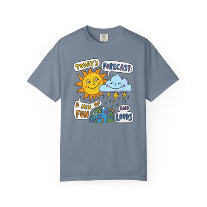"Today's Forecast: A Mix of Fun and Louds" Tee — Playful Weather Cartoon T-Shirt