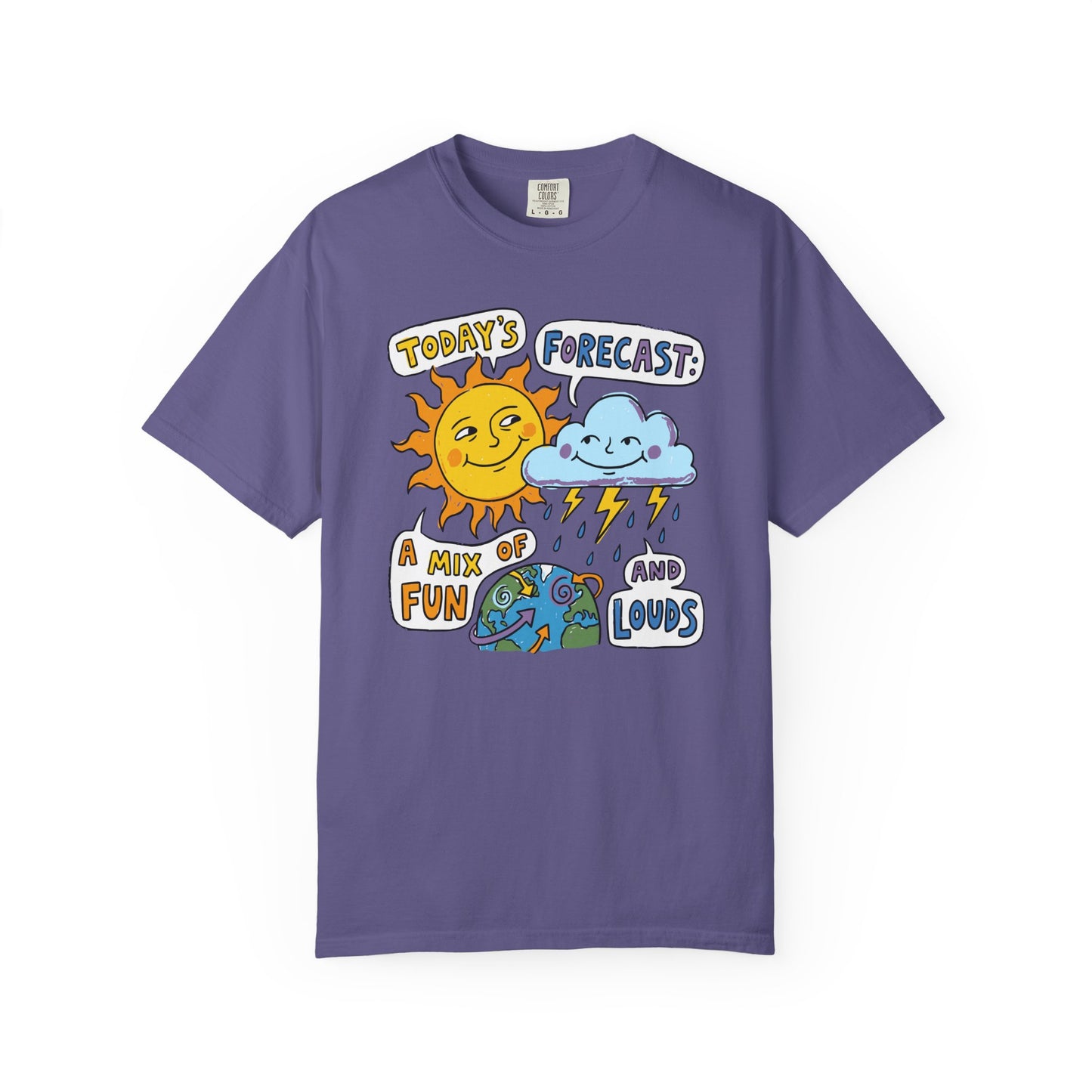 "Today's Forecast: A Mix of Fun and Louds" Tee — Playful Weather Cartoon T-Shirt