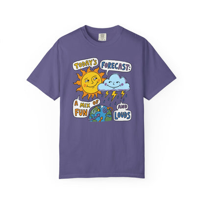 "Today's Forecast: A Mix of Fun and Louds" Tee — Playful Weather Cartoon T-Shirt