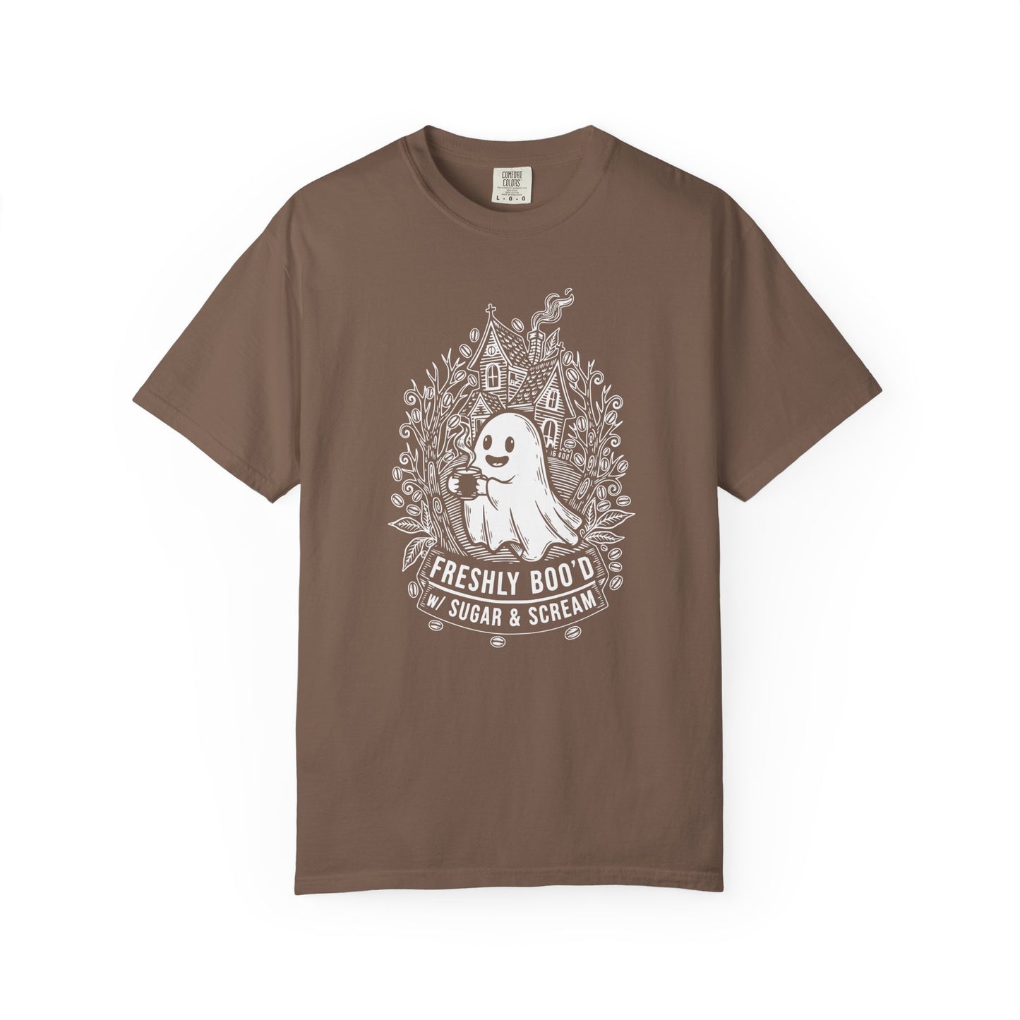 "Freshly Boo'd w/ Sugar & Scream" Cute Coffee Ghost Haunted House T-Shirt