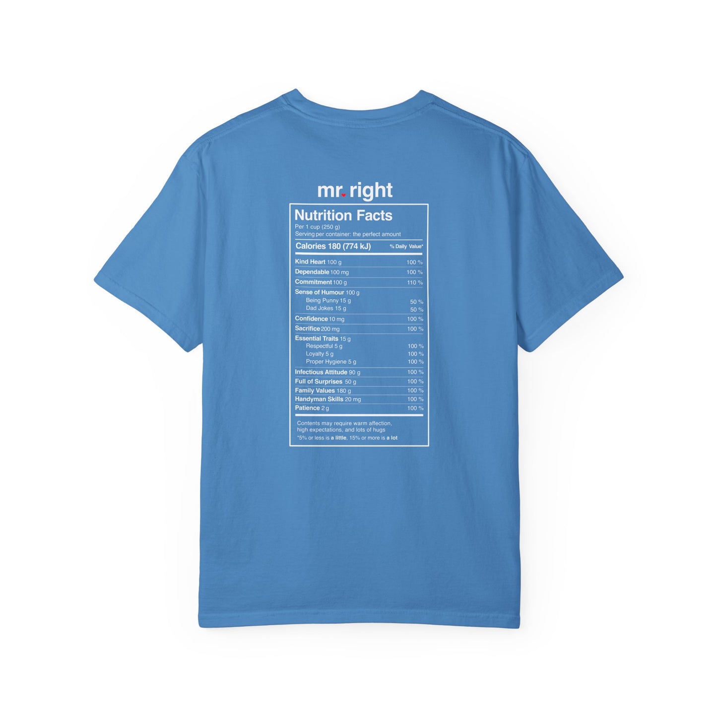 Mr. Right Couples Tee — "mr. right" Front Text with Nutrition Facts Back Graphic T-Shirt