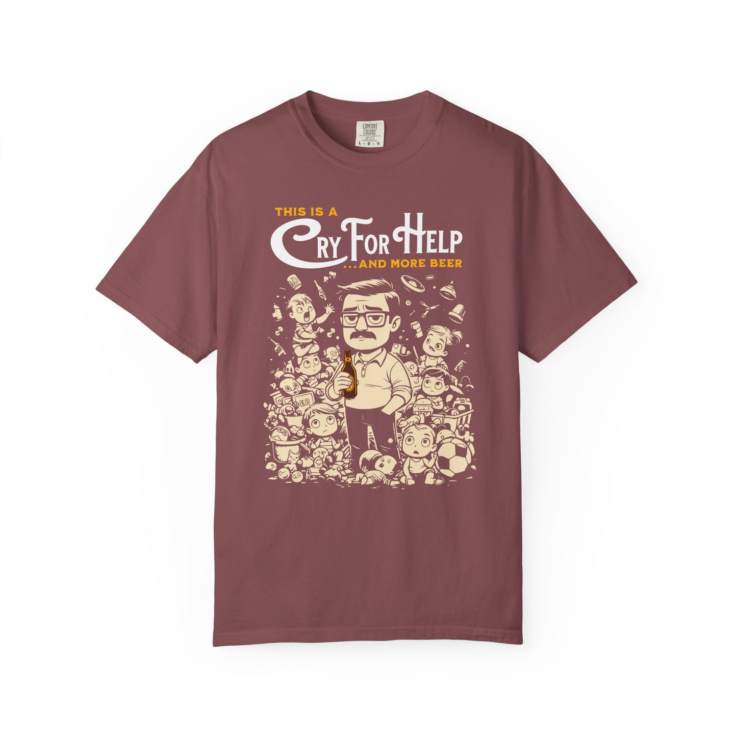 "This Is A Cry For Help and More Beer" T-Shirt — Funny Cartoon Dad Tee