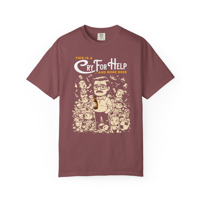 "This Is A Cry For Help and More Beer" T-Shirt — Funny Cartoon Dad Tee