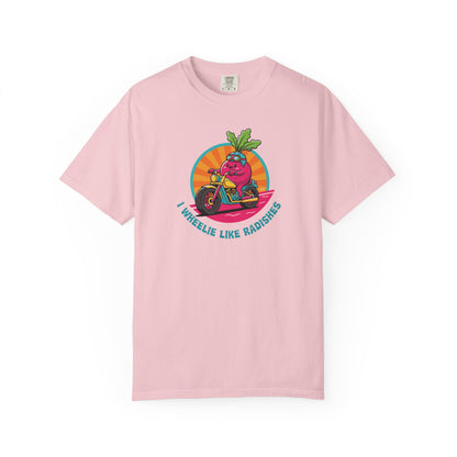“Wheelie Like Radishes” T-Shirt —  Retro Radish Lover Vegan Cycling Graphic Tee