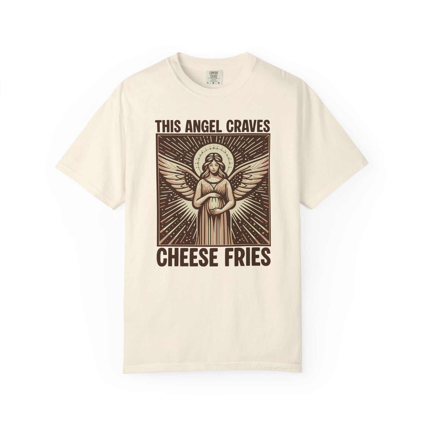 "This Angel Craves Cheese Fries" T-Shirt — Vintage Pregnant Angel Graphic Tee