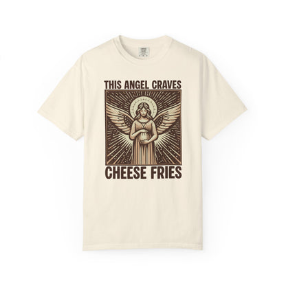 "This Angel Craves Cheese Fries" T-Shirt — Vintage Pregnant Angel Graphic Tee