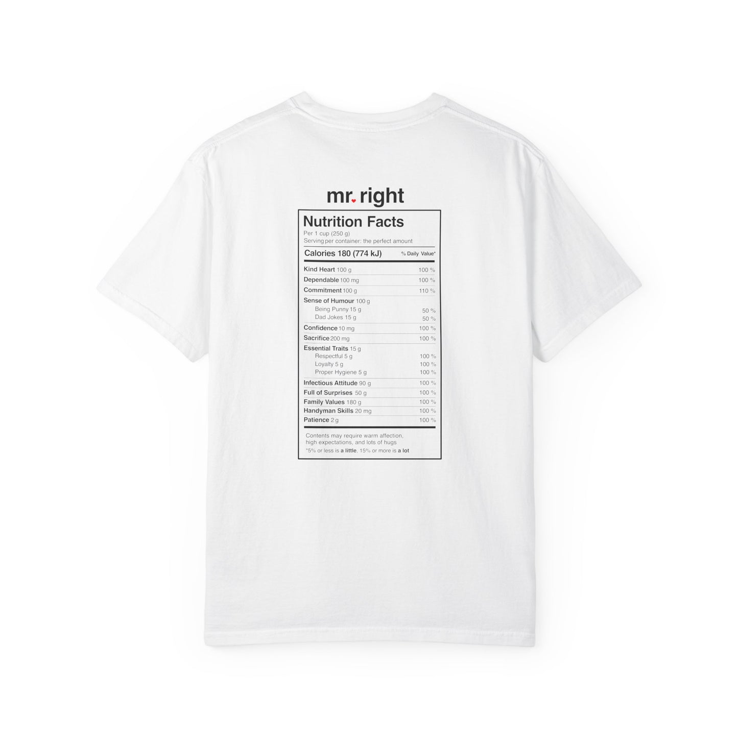 Mr. Right Couples Tee — "mr. right" Front Text with Nutrition Facts Back Graphic T-Shirt