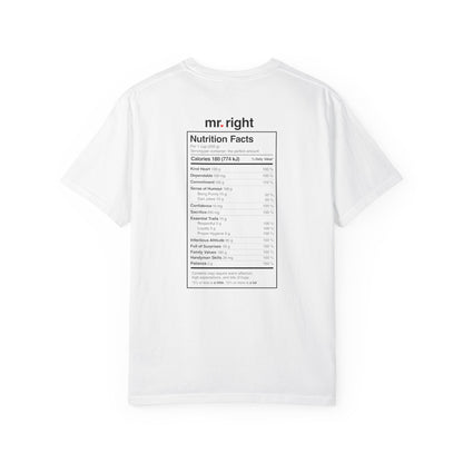 Mr. Right Couples Tee — "mr. right" Front Text with Nutrition Facts Back Graphic T-Shirt