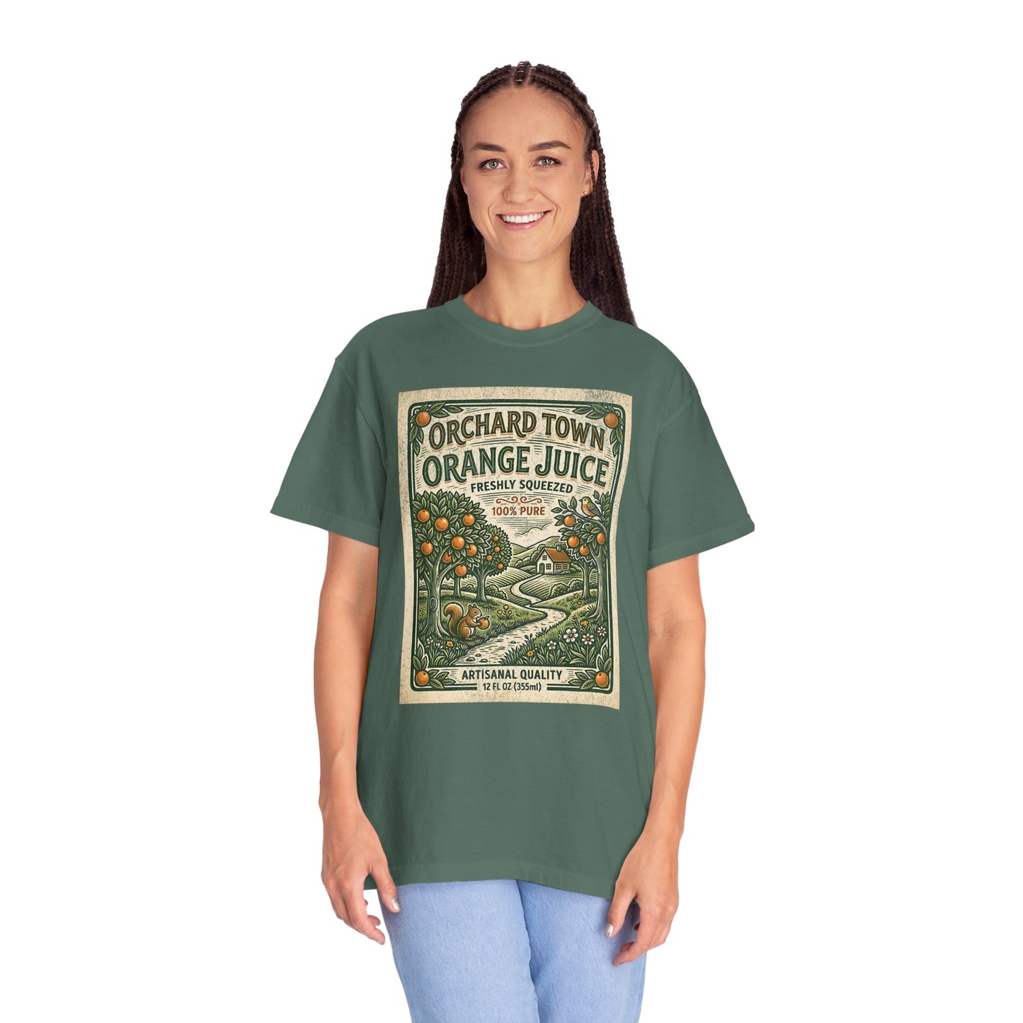 Orchard Town Orange Juice T-Shirt - Vintage Linocut Graphic Tee