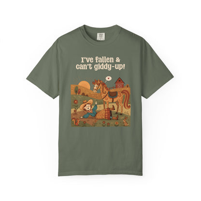 "I've Fallen & Can't Giddy-Up!" T-Shirt — Funny Western Cowgirl Horse Graphic Tee
