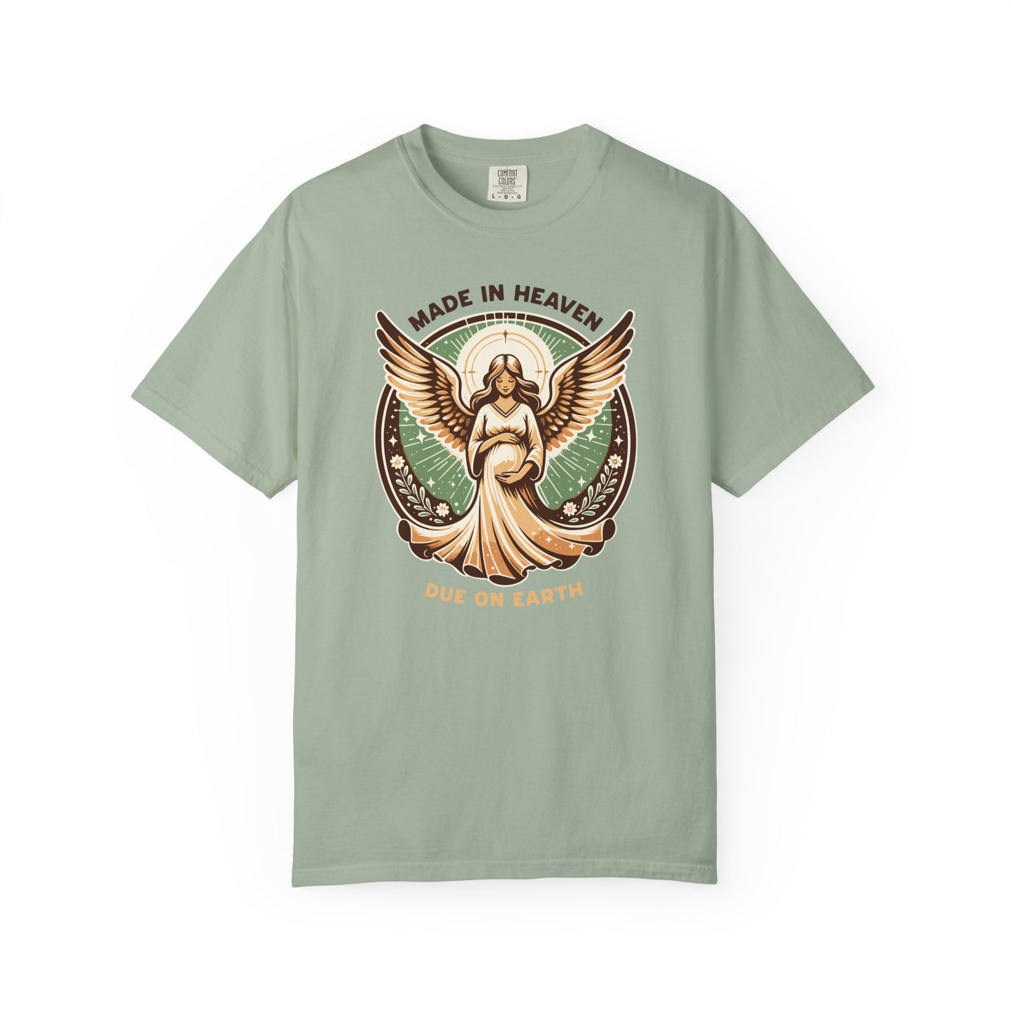 "Made in Heaven, Due on Earth" Angel Graphic T-Shirt — Vintage Expecting Mother Tee