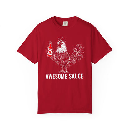 "Awesome Sauce" Hot Stuff T-Shirt - Vintage Linocut Rooster Graphic Tee