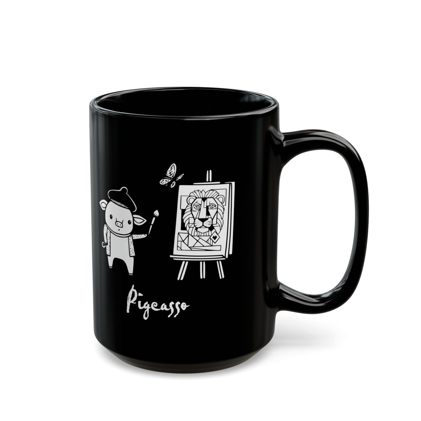 'Pigcasso' Pig Artist Black Ceramic Mug — Cute Art Lover Coffee Cup (11oz, 15oz)