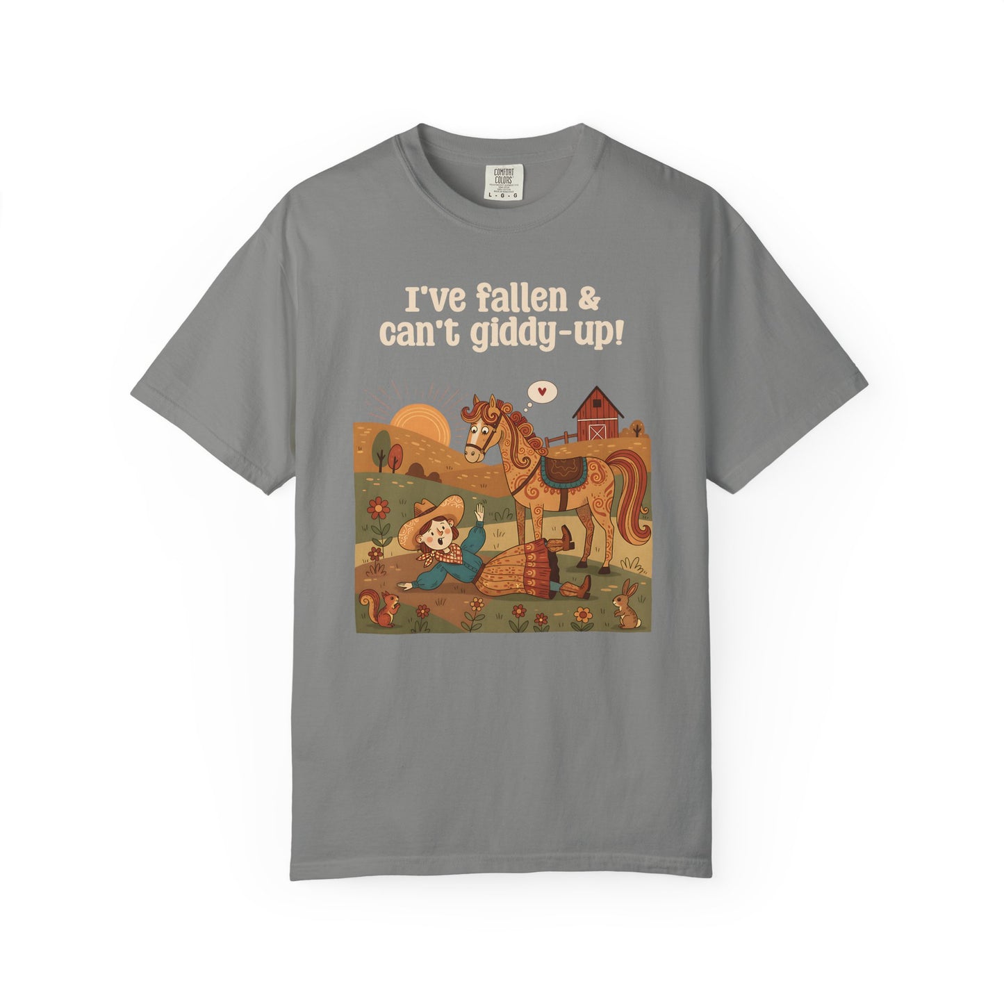 "I've Fallen & Can't Giddy-Up!" T-Shirt — Funny Western Cowgirl Horse Graphic Tee
