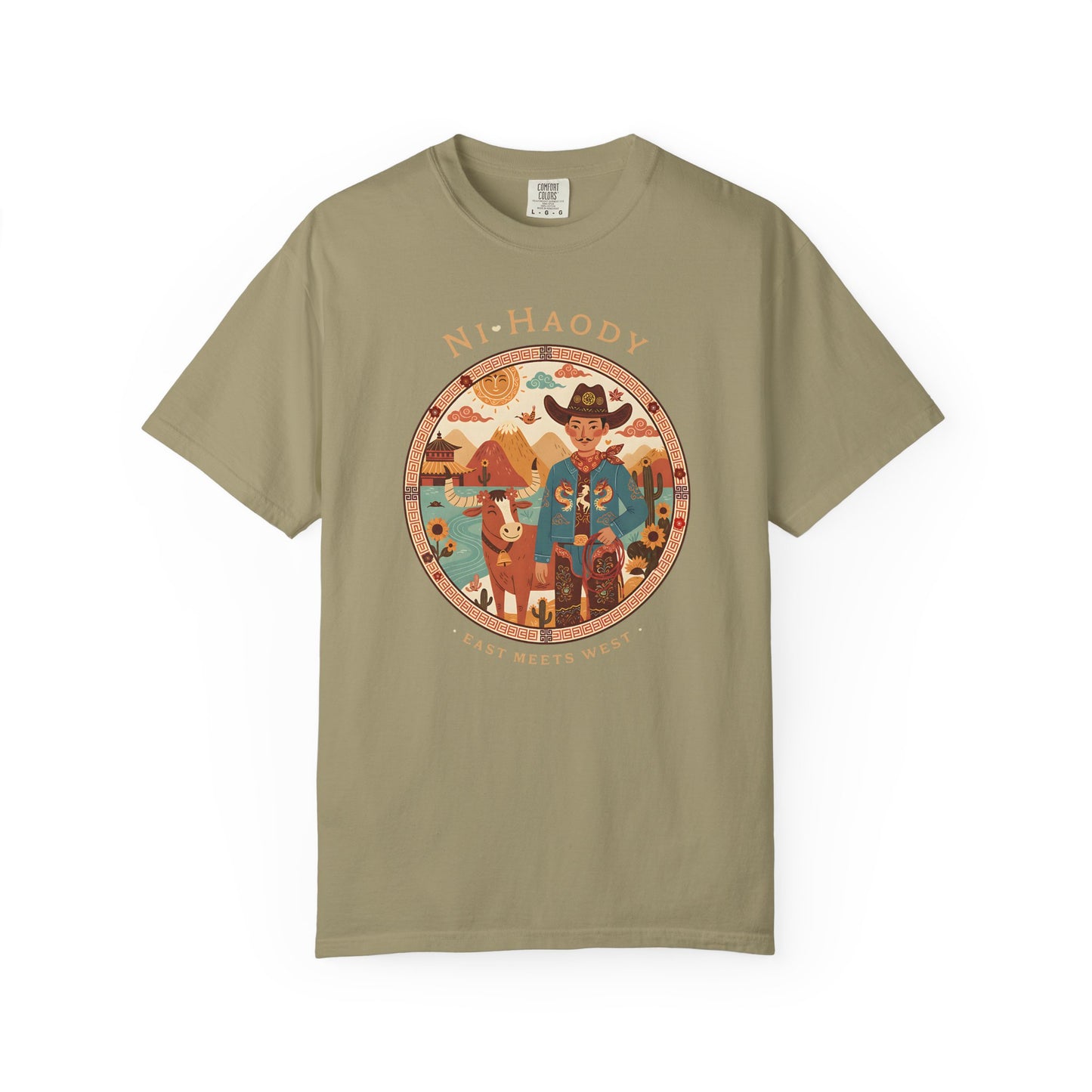"Ni-Haody. Easts Meets West" Asian Cowboy Camp Graphic T-Shirt — Western Illustration Tee