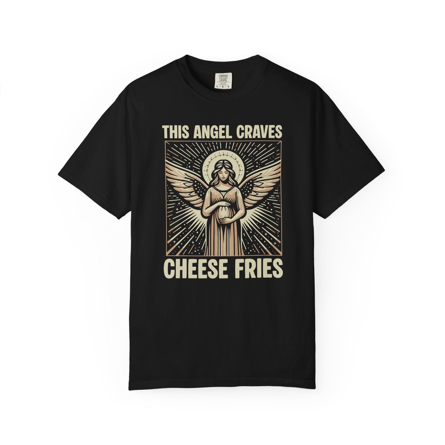 "This Angel Craves Cheese Fries" T-Shirt — Vintage Pregnant Angel Graphic Tee